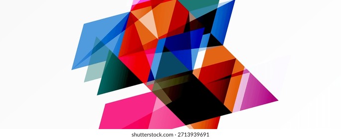 Las Formas geométricas Abstractas se superponen, creando una composición vibrante y colorida. Los triángulos dominan el diseño, con tonos variados.