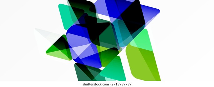 Las Formas geométricas Abstractas se superponen, creando mezclas de colores vibrantes. Verdes, azules dominan la composición, sobre fondo blanco.