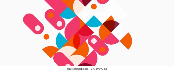 Abstract geometric shapes overlap, creating vibrant colorful composition. Pink dominates, with orange, teal accents. Modern design.