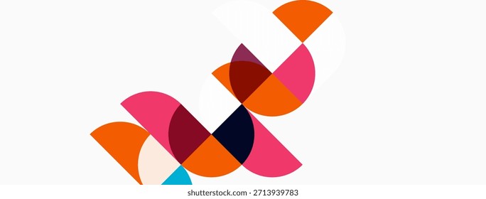 Las Formas geométricas Abstractas se superponen, creando un diseño vibrante y colorido. La composición presenta segmentos curvos, tonos naranja, rosa y azul marino. Estética minimalista.