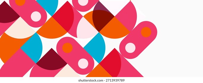 Las Formas geométricas Abstractas se superponen, creando un patrón colorido vibrante. Rosa, naranja, verde azulado dominan el fondo blanco. Elemento de diseño moderno.