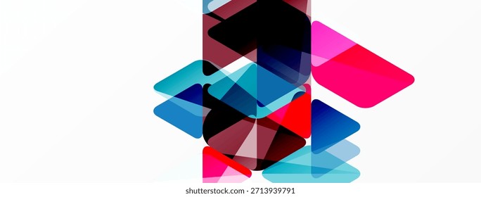 Las Formas geométricas Abstractas se superponen, creando mezclas de colores vibrantes. Diseño minimalista con cuadrados translúcidos, rectángulos, triángulos. Estética moderna.