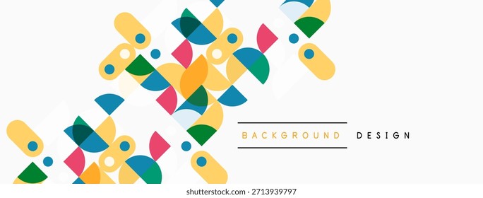 Abstract geometric shapes overlap, creating vibrant colorful background. Minimalist design features rounded squares, circles, rectangles.