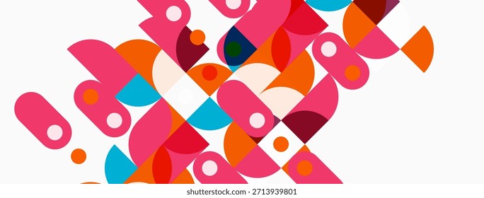 Formas geométricas abstratas se sobrepõem, criando uma composição colorida vibrante. O rosa domina com acentos cor de laranja e azul-petróleo. Design moderno.
