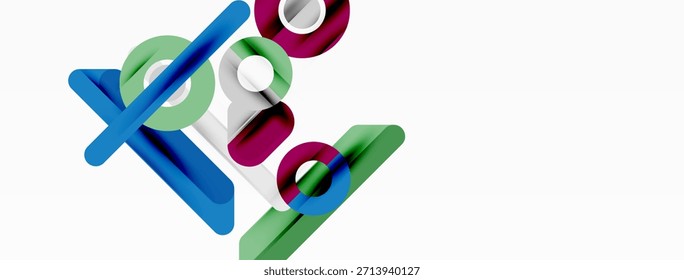 Formas geométricas abstratas se sobrepõem, criando composição dinâmica. As cores incluem azul, verde, cinza, branco. Design minimalista, estética moderna.