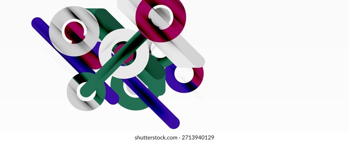 Abstract geometric shapes overlap, creating dynamic visual composition. Colors include purple, green, white. Minimalist design.