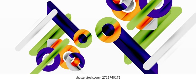 Las Formas geométricas Abstractas se superponen, creando composiciones dinámicas. Los colores brillantes contrastan con el fondo blanco. Elementos de diseño modernos presentes.