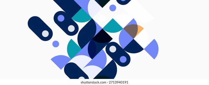 Formas geométricas abstratas se sobrepõem, criando composição dinâmica. Azuis, negras dominam com sutis acentos roxos e laranja. Design minimalista.