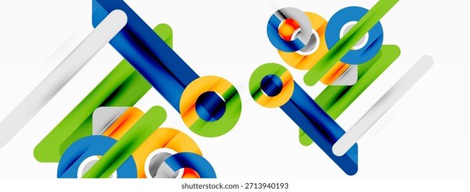 Las Formas geométricas Abstractas se superponen, creando composiciones dinámicas. Los colores brillantes, las líneas, los círculos dominan el diseño. Estética moderna y limpia.