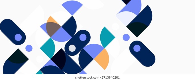 Abstract geometric shapes overlap, creating dynamic composition. Blues, oranges, purples dominate neutral background. Modern design elements present.