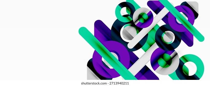 Abstract geometric shapes overlap, creating dynamic visual composition. Teal, purple, white hues dominate design. Modern aesthetic.