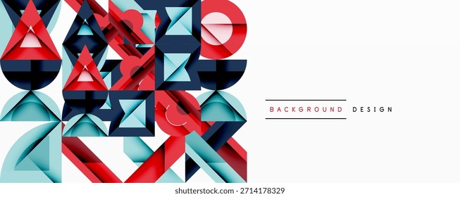 Las Formas geométricas Abstractas se superponen, creando un diseño moderno y vibrante. Los tonos rojo, azul y verde azulado dominan la composición. El espacio en blanco limpio equilibra los Elementos visuales.