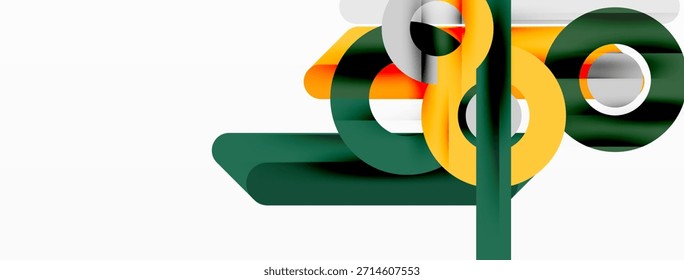 Las Formas geométricas Abstractas se superponen, creando composiciones dinámicas. Los Colores incluyen verde, amarillo, naranja, gris. Diseño minimalista, estética moderna.