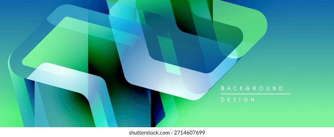 Abstract geometric shapes overlap, creating vibrant green, blue gradients. Modern design suggests technology, innovation, dynamic movement.