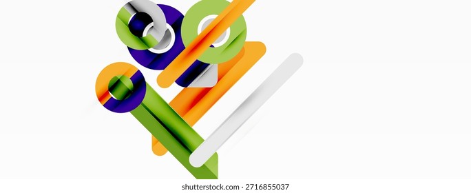 Formas geométricas abstratas se sobrepõem, criando composição dinâmica. As cores brilhantes contrastam com o fundo branco. Elementos de design modernos presentes.
