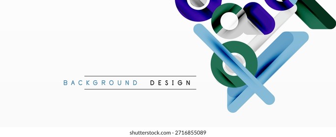 Formas geométricas abstratas se sobrepõem, criando um efeito visual dinâmico. Tons azuis, roxos e verdes dominam a composição. Design minimalista.