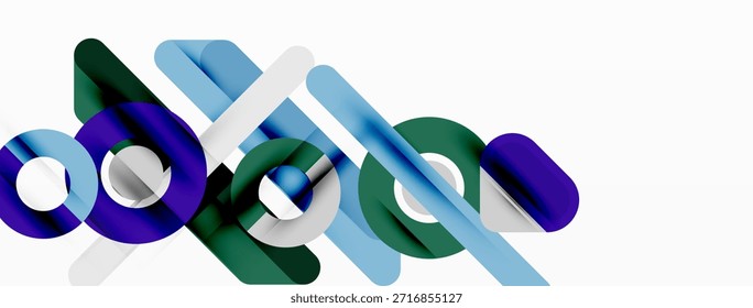Abstract geometric shapes overlap, creating dynamic composition. Blue, green, white hues dominate design. Modern aesthetic.