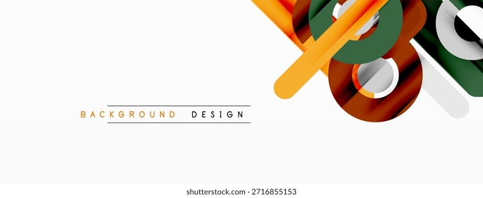 Abstract geometric shapes overlap, creating dynamic composition. Orange, green, brown tones dominate white background. Minimalist design elements present.