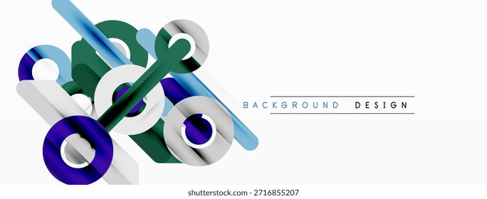 Abstract geometric shapes overlap, creating dynamic visual composition. Blue, green, white colors dominate design. Minimalist style.