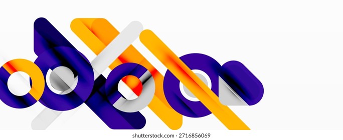 Las Formas geométricas Abstractas se superponen, creando una composición visual dinámica. Los tonos púrpura, naranja y gris dominan el diseño. Estética moderna.