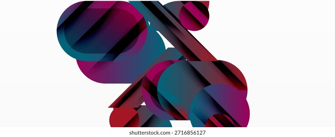 Las Formas geométricas Abstractas se superponen, creando Gradientes de colores vibrantes. La composición presenta círculos, rectángulos, ángulos dinámicos. Diseño minimalista, fondo limpio.