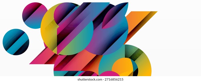 Abstract geometric shapes overlap, creating vibrant colorful composition. Circles, rectangles intersect, forming dynamic visual effect.