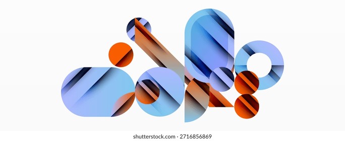 Formas geométricas abstratas se sobrepõem, criando composição dinâmica. Tons azuis e laranja dominam o design minimalista. Linhas limpas, estética moderna.