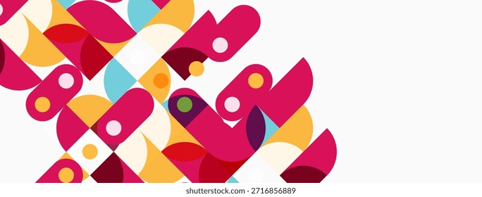 Las Formas geométricas Abstractas se superponen, creando un patrón colorido vibrante. El rosa domina, acentuado por el oro, el verde azulado y el blanco. Diseño moderno.