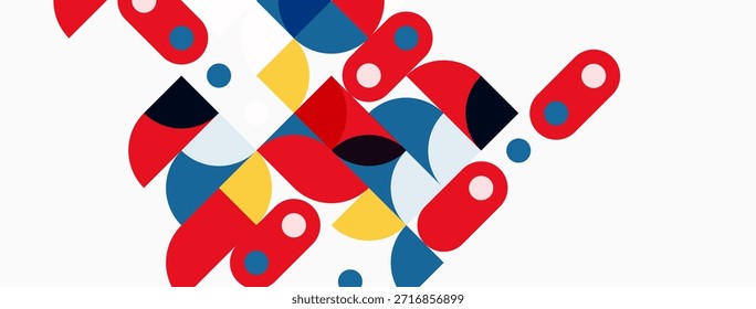 Abstrakte geometrische Formen überlappen sich und erzeugen dynamische Komposition. Rot, gelb, blau dominieren den neutralen Hintergrund. Moderne Gestaltungselemente sind vorhanden.