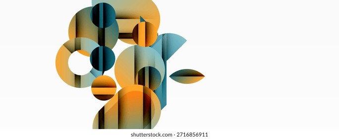 Formas geométricas abstratas se sobrepõem, criando composição dinâmica. Tons quentes e frios se misturam, sugerindo profundidade, textura. Design minimalista.