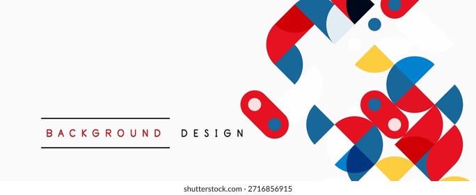 Abstract geometric shapes overlap, creating vibrant design. Red, blue, yellow elements stand out against white backdrop. Modern aesthetic.