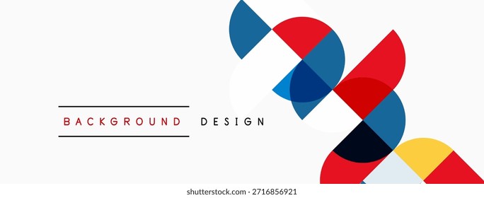 Abstrakte geometrische Formen überlappen sich, wodurch dynamisches visuelles Interesse entsteht. Die Farben sind rot, blau, gelb, grau. Minimales Design für Hintergründe.