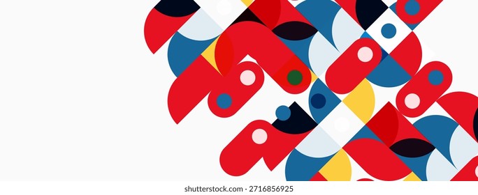 Abstract geometric shapes overlap, creating vibrant composition. Red, blue, yellow dominate white background. Modern design elements present.
