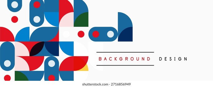 Formas geométricas abstratas se sobrepõem, criando um padrão colorido. O plano de fundo branco fornece elementos de design de etiquetas de texto simples e contraste.
