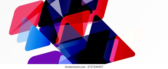 Formas geométricas abstratas se sobrepõem, criando misturas de cores vibrantes. Vermelho, azul, roxo dominam o fundo branco. Design moderno.