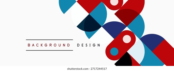 Formas geométricas abstratas se sobrepõem, criando um design vermelho, azul e marinho vibrante. O plano de fundo branco proporciona um contraste claro. Estética moderna.