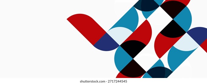 Abstract geometric shapes overlap, creating vibrant visual pattern. Red, blue, black circles and segments dominate white background.