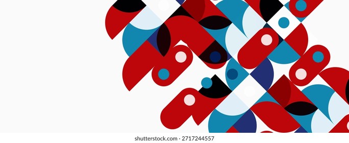Abstract geometric shapes overlap, creating vibrant red, blue, white pattern. Minimalist design, modern aesthetic, clean composition.