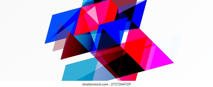 Formas geométricas abstratas se sobrepõem, criando contrastes de cores vibrantes. Os tons de azul, rosa e vermelho dominam o fundo branco. Design moderno.