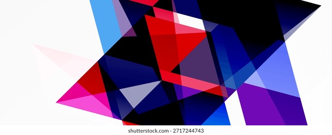 Abstract geometric shapes overlap, creating vibrant color contrasts. Composition features sharp angles, dynamic forms, modern aesthetic.