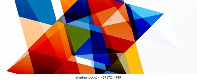 Abstract geometric shapes overlap, creating vibrant color composition. Bold reds, blues, oranges dominate design. Clean lines define forms.