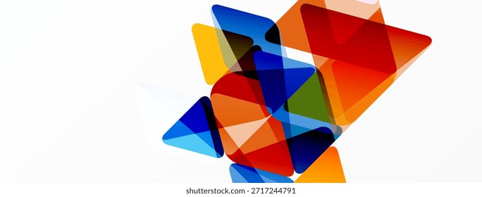 Abstract geometric shapes overlap, creating vibrant color blends. Composition features transparency, dynamic angles, modern design.