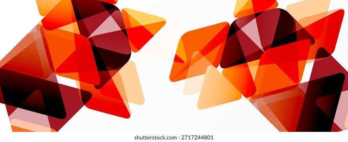 Abstract geometric shapes overlap, creating vibrant orange, red tones. Minimalist design with layered triangles, modern aesthetic.