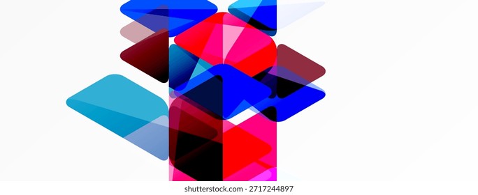 Abstract geometric shapes overlap, creating vibrant color blends. Blue, red, cyan dominate composition. Minimalist design, modern aesthetic.