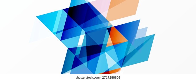 Formas geométricas abstratas se sobrepõem, criando composição dinâmica. O azul domina com acentos laranja no fundo branco. Design moderno.