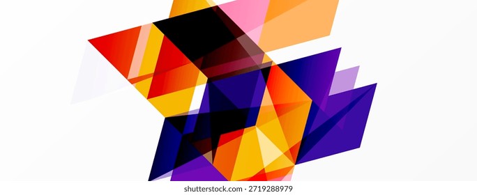 Formas geométricas abstratas se sobrepõem, criando blocos de cores vibrantes. Composição apresenta tons laranja, roxo, rosa, preto. Design moderno.