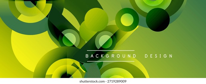 Formas geométricas abstratas se sobrepõem, criando plano de fundo de gradiente verde dinâmico. Elementos de design modernos sugerem fluidez, profundidade.