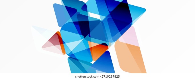 Formas geométricas abstratas se sobrepõem, criando misturas de cores vibrantes. Azuis, laranjas, rosas dominam a composição. Design minimalista.