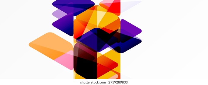 Formas geométricas abstratas se sobrepõem, criando misturas de cores vibrantes. Tons roxos, laranja e amarelos dominam a composição. Elemento de design moderno.