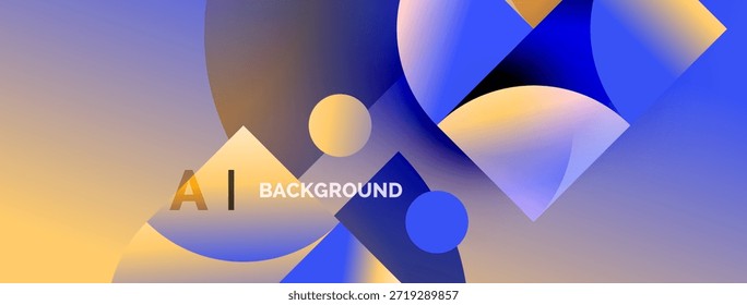 Las Formas geométricas Abstractas se superponen, creando un fondo de gradiente vibrante. Los Colores pasan del amarillo al azul. El texto dice AI BACKGROUND.